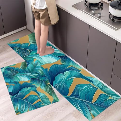 Küchenteppiche Große Bananenblätter 2 Stück, Rutschfestes Küchenmatten Tropischer, Wasser und Öl aufnehmen Küche Matten Fußmatte Teppich Set für Küche, Flur, Esszimmer (43x75cm+43x150cm, Blaugrün) von MLSOWM