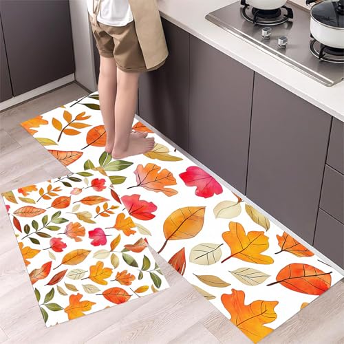 Küchenteppiche Herbstblätter Blumen 2 Stück, Rutschfestes Küchenmatten Vintage, Wasser und Öl aufnehmen Küche Matten Fußmatte Teppich Set für Flur, Esszimmer (40x60cm+40x120cm, Orange) von MLSOWM