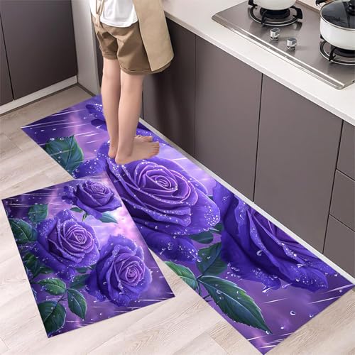Küchenteppiche Rose 2 Stück, Rutschfestes Küchenmatten Gewitter, Wasser und Öl aufnehmen Küche Matten Fußmatte Teppich Set für Küche, Flur, Esszimmer (40x60cm+40x120cm, Lila) von MLSOWM
