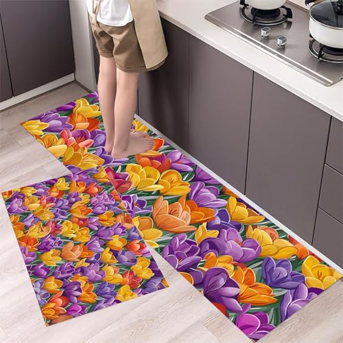 Küchenteppiche Safran 2 Stück, Rutschfestes Küchenmatten Frühlingsthema, Wasser und Öl aufnehmen Küche Matten Fußmatte Teppich Set für Küche, Flur, Esszimmer (40x60cm+40x120cm, Lila) von MLSOWM