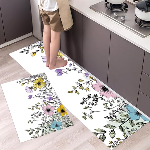 Küchenteppiche Wildblumen-Illustration 2 Stück,Rutschfestes Waschbare Handgezeichnete Linie Blumen Flur Läufer Anti-Müdigkeit-Küchenmatten für Boden Esszimmer,Eingang Türmatte 43x75cm+43x120cm Gelb von MLSOWM