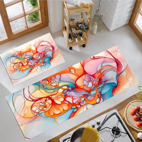 Kurven-Tintenzeichnung Küchenteppich Set 2 Stück rutschfeste, Abstrakte Aquarellmalerei Waschbare Küchen Matten Teppiche Set,für Flur Läufer, Esszimmer, Eingang Türmatte 43x75cm+43x120cm Koralle Kurven-Tintenzeichnung Küchenteppich Set 2 Stück rutschfeste, Abstrakte Aquarellmalerei Waschbare Küchen Matten Teppiche Set,für Flur Läufer, Esszimmer, Eingang Türmatte 43x75cm+43x120cm Koralle von MLSOWM