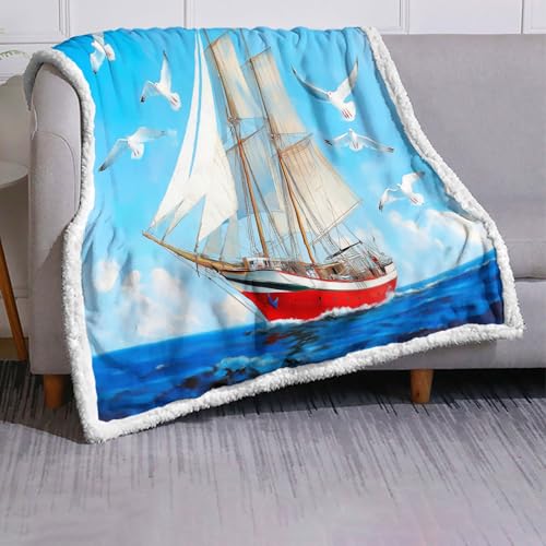 Kuscheldecke Weiche Und Warme Faux Lambswool Decke Für Sofa, Mit Ölgemälde Segelboot Möwe Muster, Microfaser Fleecedecke Als Tagesdecke Oder Sofa Überwurf (150x200Cm, Blau) von MLSOWM