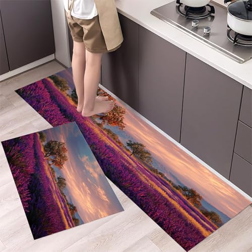 Lavendelfelder in der Provence Küchenteppiche 2er Set - Bequeme Rutschfestes Küchenmatten Waschbare Romantische Felder Matten Teppiche für Flur, Esszimmer Eingangsbereich, Lila 43x75cm+43x120cm von MLSOWM
