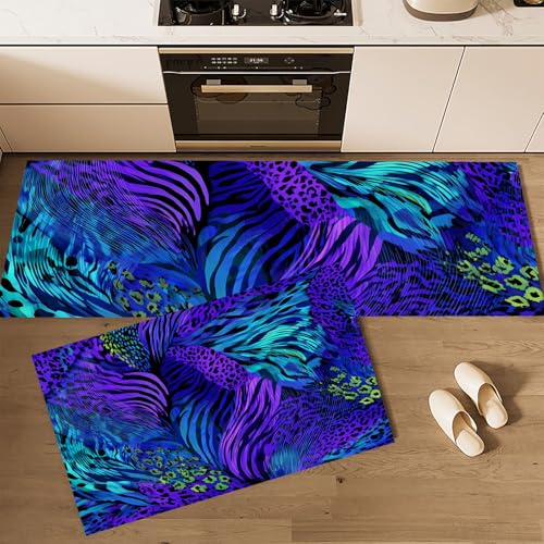 Leopardenmuster Küchenläufer 2 Stück, Küchenteppich Abstrakter Tierdruck Waschbar Rutschfest Teppich Küche mit Gummirücken Küchenmatte für Esszimmer, Küche, Läufer Flur(40x60cm+40x120cm, Indigo) von MLSOWM