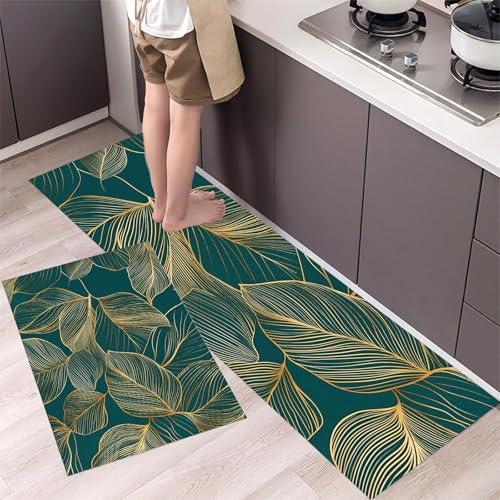 Linienblätter Küchenteppich Set 2 Stück rutschfeste, Goldfolienlinienpflanzen Waschbare Küchen Matten Teppiche Set,für Flur Läufer, Esszimmer, Eingang Türmatte 40x60cm+40x120cm Smaragdgrün von MLSOWM
