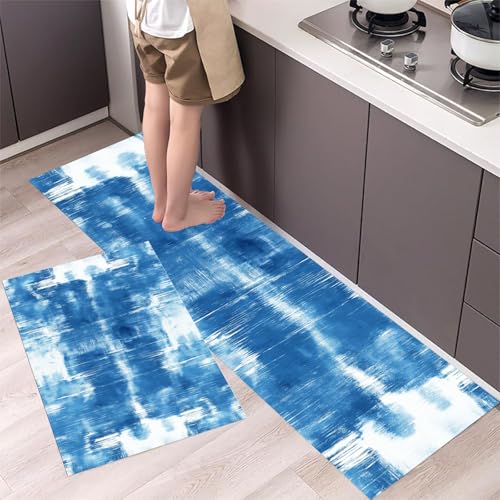 MLSOWM 2 Stück Küchenteppich Waschbar Abstrakte Textur Küchenläufer Batikmuster mit Rutschfestem Küche Bodenmatte Absorbierende Läufer Teppich 40x60cm+40x120cm Grau-Blau von MLSOWM