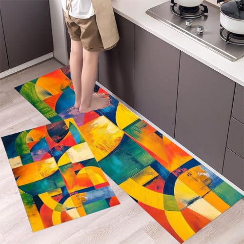 MLSOWM 2 Stück Küchenteppich Waschbar Abstrakte geometrische Kritzeleien Küchenläufer Abstraktes Ölgemälde mit Rutschfestem Küche Bodenmatte Absorbierende Läufer Teppich 43x75cm+43x150cm Orange von MLSOWM