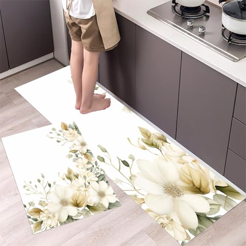 MLSOWM 2 Stück Küchenteppich Waschbar Aquarellblumen Küchenläufer Blumenrand mit Rutschfestem Küche Bodenmatte Absorbierende Läufer Teppich 43x75cm+43x150cm Weiß von MLSOWM