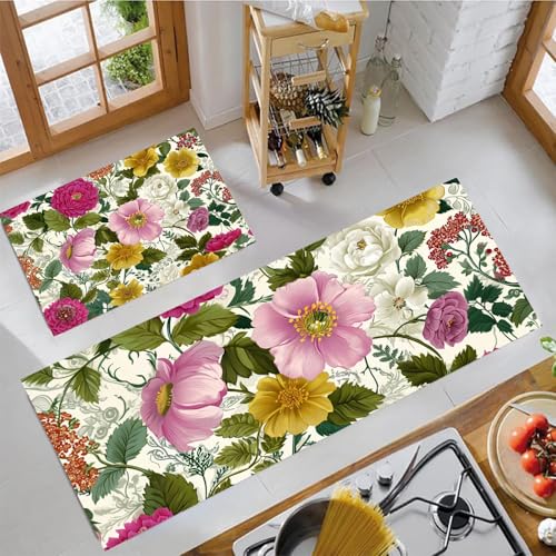 MLSOWM 2 Stück Küchenteppich Waschbar Blühende Blumen Küchenläufer Retro-Blumen mit Rutschfestem Küche Bodenmatte Absorbierende Läufer Teppich 43x75cm+43x150cm Gelbgrün von MLSOWM