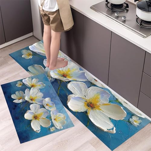 MLSOWM 2 Stück Küchenteppich Waschbar Blumen-Ölgemälde Küchenläufer Impasto-Textur mit Rutschfestem Küche Bodenmatte Absorbierende Läufer Teppich 44x75cm+44x150cm Blau von MLSOWM