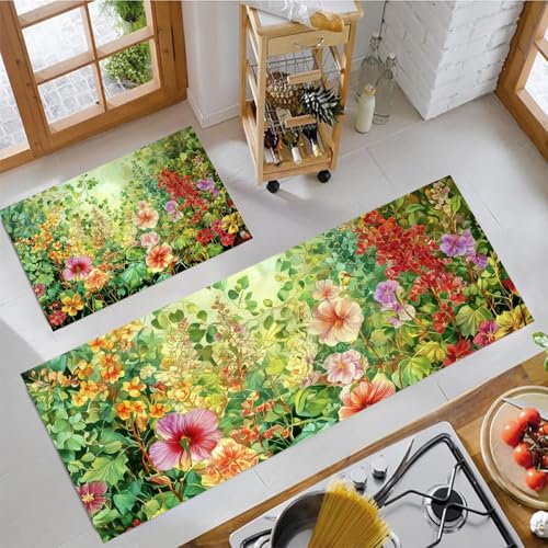 MLSOWM 2 Stück Küchenteppich Waschbar Blumen in voller Blüte Küchenläufer Üppiger Garten mit Rutschfestem Küche Bodenmatte Absorbierende Läufer Teppich 43x75cm+43x120cm Salbeigrün von MLSOWM