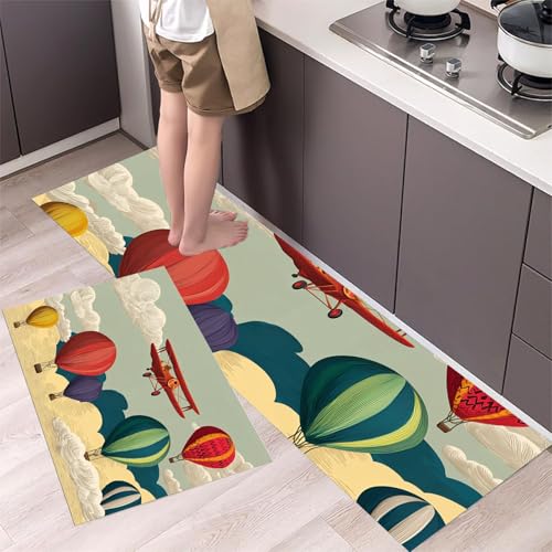 MLSOWM 2 Stück Küchenteppich Waschbar Cartoon-Heißluftballon Küchenläufer Niedliche Illustrationen mit Rutschfestem Küche Bodenmatte Absorbierende Läufer Teppich 44x75cm+44x150cm Hellgrün von MLSOWM