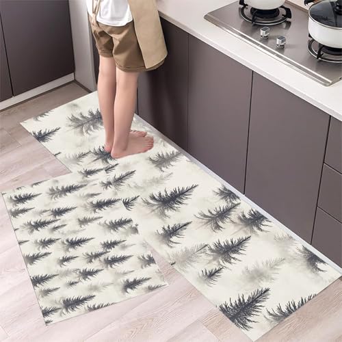MLSOWM 2 Stück Küchenteppich Waschbar Cartoon-Kiefer Küchenläufer Nebelwald mit Rutschfestem Küche Bodenmatte Absorbierende Läufer Teppich 43x75cm+43x120cm Grau von MLSOWM