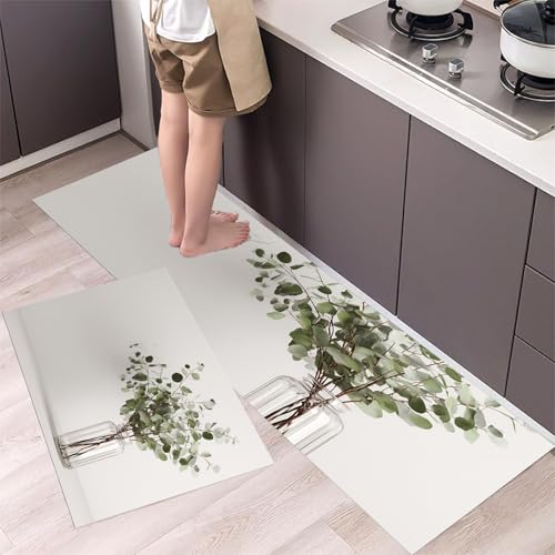 MLSOWM 2 Stück Küchenteppich Waschbar Eukalyptuszweige Küchenläufer Glasvase mit Rutschfestem Küche Bodenmatte Absorbierende Läufer Teppich 43x75cm+43x120cm Weiß von MLSOWM