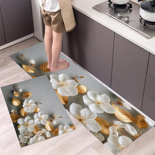 MLSOWM 2 Stück Küchenteppich Waschbar Goldene Blätter und weiße Blüten Küchenläufer 3D Blumen mit Rutschfestem Küche Bodenmatte Absorbierende Läufer Teppich 43x75cm+43x150cm Anthrazitgrau MLSOWM 2 Stück Küchenteppich Waschbar Goldene Blätter und weiße Blüten Küchenläufer 3D Blumen mit Rutschfestem Küche Bodenmatte Absorbierende Läufer Teppich 43x75cm+43x150cm Anthrazitgrau von MLSOWM