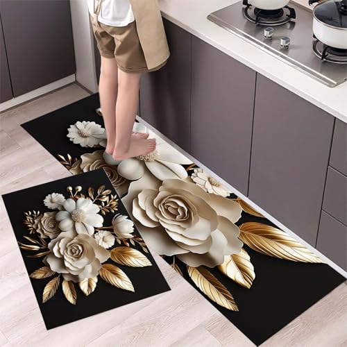 MLSOWM 2 Stück Küchenteppich Waschbar Goldene Blattblumen Küchenläufer 3D Blumenstrauß mit Rutschfestem Küche Bodenmatte Absorbierende Läufer Teppich 40x60cm+40x120cm Schwarz MLSOWM 2 Stück Küchenteppich Waschbar Goldene Blattblumen Küchenläufer 3D Blumenstrauß mit Rutschfestem Küche Bodenmatte Absorbierende Läufer Teppich 40x60cm+40x120cm Schwarz von MLSOWM