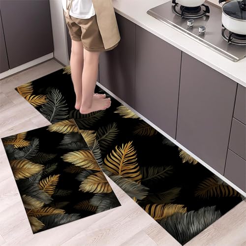 MLSOWM 2 Stück Küchenteppich Waschbar Goldene Palmblätter Küchenläufer Botanische Illustrationen mit Rutschfestem Küche Bodenmatte Absorbierende Läufer Teppich 43x75cm+43x150cm Schwarz MLSOWM 2 Stück Küchenteppich Waschbar Goldene Palmblätter Küchenläufer Botanische Illustrationen mit Rutschfestem Küche Bodenmatte Absorbierende Läufer Teppich 43x75cm+43x150cm Schwarz von MLSOWM