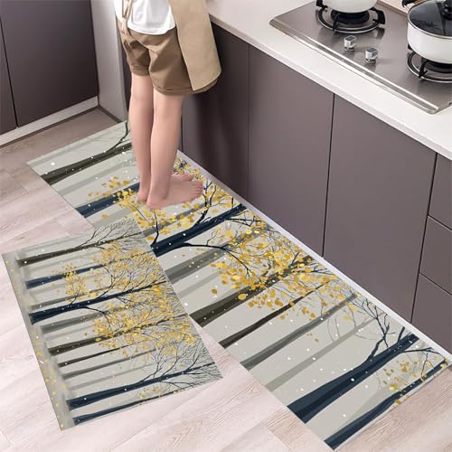 MLSOWM 2 Stück Küchenteppich Waschbar Herbstwald Küchenläufer Minimalistischer Stil mit Rutschfestem Küche Bodenmatte Absorbierende Läufer Teppich 44x75cm+44x150cm Grau von MLSOWM