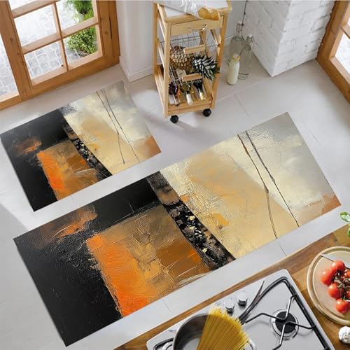 MLSOWM 2 Stück Küchenteppich Waschbar Linienstriche Küchenläufer Abstraktes Ölgemälde mit Rutschfestem Küche Bodenmatte Absorbierende Läufer Teppich 43x75cm+43x150cm Orange von MLSOWM