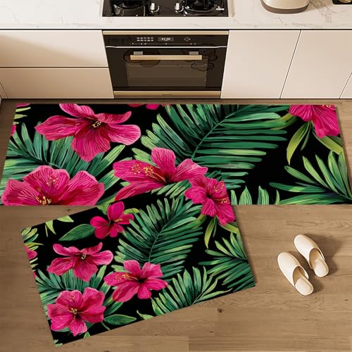 MLSOWM 2 Stück Küchenteppich Waschbar Palmblatt-Hibiskusblüten Küchenläufer Tropische Blumen mit Rutschfestem Küche Bodenmatte Absorbierende Läufer Teppich 40x60cm+40x120cm Rot von MLSOWM