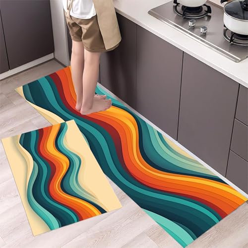 MLSOWM 2 Stück Küchenteppich Waschbar Retro-Wellen Küchenläufer 1970er Jahre mit Rutschfestem Küche Bodenmatte Absorbierende Läufer Teppich 44x75cm+44x150cm Creme von MLSOWM