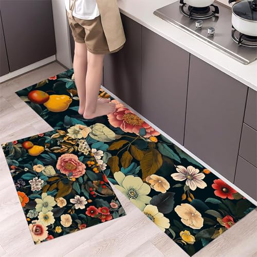 MLSOWM 2 Stück Küchenteppich Waschbar Rose und Chrysantheme Küchenläufer Retro-Garten mit Rutschfestem Küche Bodenmatte Absorbierende Läufer Teppich 43x75cm+43x150cm Dunkelblau von MLSOWM