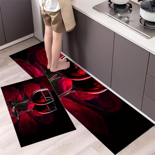 MLSOWM 2 Stück Küchenteppich Waschbar Roséweinglas Küchenläufer Fotografie-Stil mit Rutschfestem Küche Bodenmatte Absorbierende Läufer Teppich 40x60cm+40x120cm Rotwein von MLSOWM