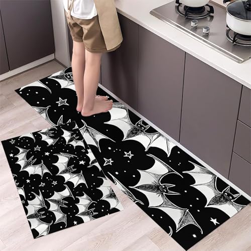 MLSOWM 2 Stück Küchenteppich Waschbar Schwarz-Weiß-Fledermaus Küchenläufer Gotisches Thema mit Rutschfestem Küche Bodenmatte Absorbierende Läufer Teppich 44x75cm+44x150cm Schwarz von MLSOWM