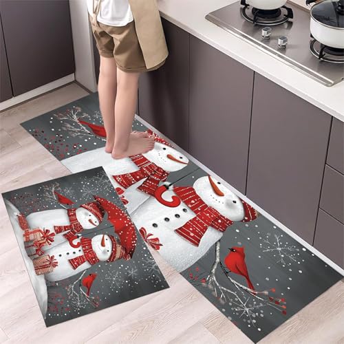 MLSOWM 2 Stück Küchenteppich Waschbar Süßer Schneemann Küchenläufer Weihnachtsthema mit Rutschfestem Küche Bodenmatte Absorbierende Läufer Teppich 40x60cm+40x120cm Dunkelgrau von MLSOWM