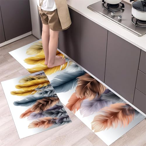 MLSOWM 2 Stück Küchenteppich Waschbar Tierfedern Küchenläufer Abstrakter Stil mit Rutschfestem Küche Bodenmatte Absorbierende Läufer Teppich 43x75cm+43x120cm Grau von MLSOWM