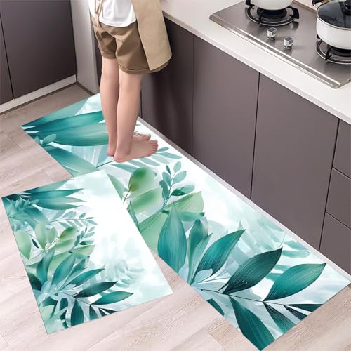 MLSOWM 2 Stück Küchenteppich Waschbar Tropische Blätter Küchenläufer Botanische Aquarellmalerei mit Rutschfestem Küche Bodenmatte Absorbierende Läufer Teppich 44x75cm+44x150cm Hellblau-Grün von MLSOWM