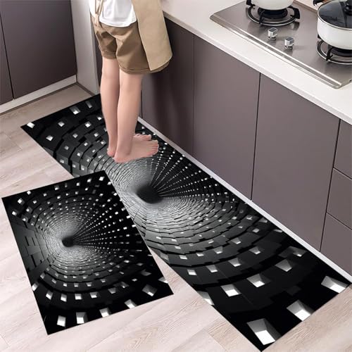 MLSOWM 2 Stück Küchenteppich Waschbar Unendlicher Tunnel Küchenläufer Zukunftstechnologie mit Rutschfestem Küche Bodenmatte Absorbierende Läufer Teppich 44x75cm+44x150cm Dunkelgrau von MLSOWM