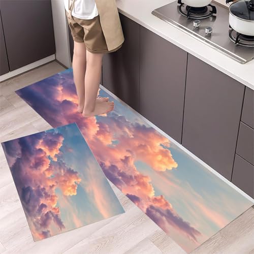 MLSOWM 2 Stück Küchenteppich Waschbar Verträumte Wolken Küchenläufer Sommersonnenuntergang mit Rutschfestem Küche Bodenmatte Absorbierende Läufer Teppich 43x75cm+43x120cm Lavendel von MLSOWM