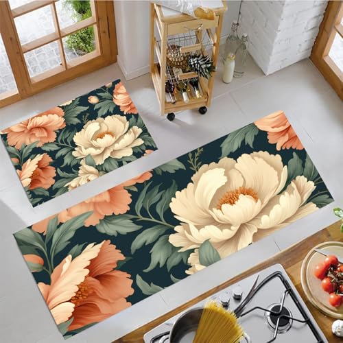 MLSOWM 2 Stück Küchenteppich Waschbar Vintage Pfingstrose Blumen Küchenläufer Landhausstil mit Rutschfestem Küche Bodenmatte Absorbierende Läufer Teppich 43x75cm+43x150cm Blaugrün von MLSOWM