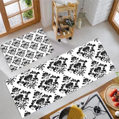 MLSOWM 2 Stück Küchenteppich Waschbar Weinreben-Blumensymbol Küchenläufer Retro-Blumen mit Rutschfestem Küche Bodenmatte Absorbierende Läufer Teppich 40x60cm+40x120cm Schwarz und Weiß von MLSOWM
