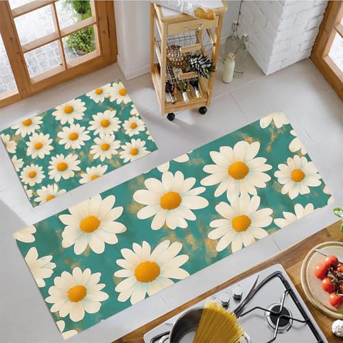 MLSOWM 2 Stück Küchenteppich Waschbar Weißes Gänseblümchen Küchenläufer Retro-Poster mit Rutschfestem Küche Bodenmatte Absorbierende Läufer Teppich 43x75cm+43x150cm Hellgrün von MLSOWM