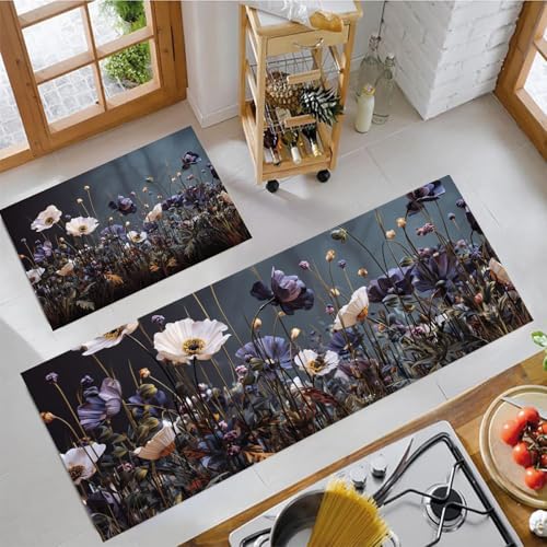 MLSOWM 2 Stück Küchenteppich Waschbar Wildblumen Küchenläufer Feldstil mit Rutschfestem Küche Bodenmatte Absorbierende Läufer Teppich 44x75cm+44x150cm Dunkelgrau von MLSOWM