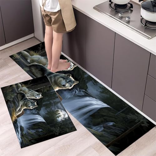 MLSOWM 2 Stück Küchenteppich Waschbar Wildtier Wolf Küchenläufer Waldwasserfall mit Rutschfestem Küche Bodenmatte Absorbierende Läufer Teppich 43x75cm+43x150cm Grau von MLSOWM