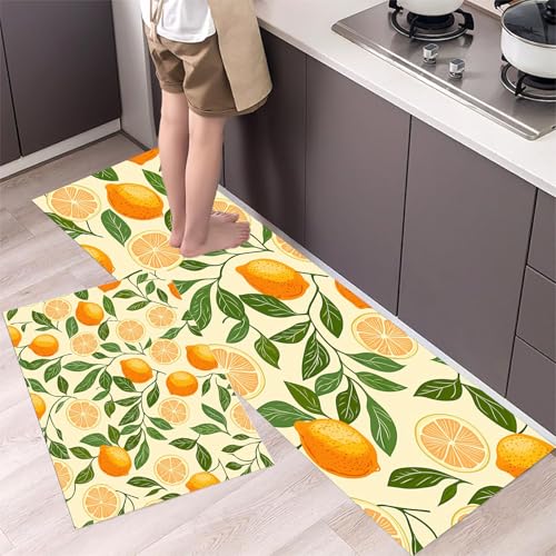 MLSOWM 2 Stück Küchenteppich Waschbar Zitrone mit grünen Blättern Küchenläufer Orange mit Rutschfestem Küche Bodenmatte Absorbierende Läufer Teppich 43x75cm+43x150cm Gelb von MLSOWM