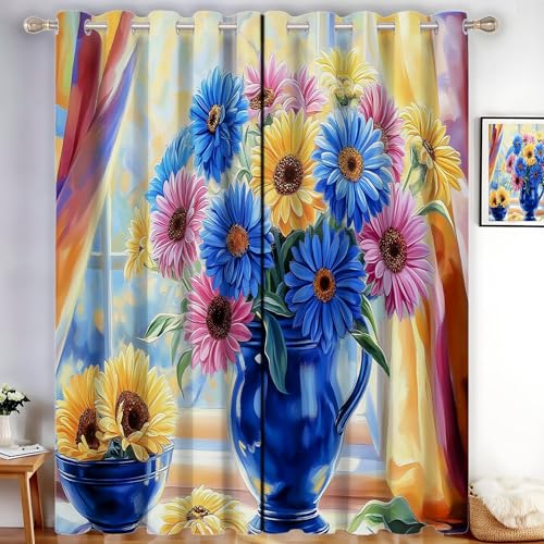 MLSOWM Abdunkelnd Vorhang für Wohnzimmer Blumen-Ölgemälde Blickdichte Gardinen Gerbera-Blumenstrauß Wärmeisolierend Verdunkelung Thermovorhang mit Ösen, H175 x B140 cm, Blau, 2er Set MLSOWM Abdunkelnd Vorhang für Wohnzimmer Blumen-Ölgemälde Blickdichte Gardinen Gerbera-Blumenstrauß Wärmeisolierend Verdunkelung Thermovorhang mit Ösen, H175 x B140 cm, Blau, 2er Set von MLSOWM
