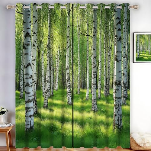 MLSOWM Abdunkelnd Vorhang für Wohnzimmer Natürliche Schönheit Blickdichte Gardinen Birkenwald Wärmeisolierend Verdunkelung Thermovorhang mit Ösen, H138 x B117 cm, Grün, 2er Set von MLSOWM