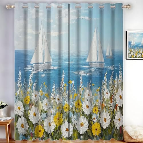 MLSOWM Abdunkelnd Vorhang für Wohnzimmer Seesegelboot Blickdichte Gardinen Wildblumen am Ufer Ölgemälde Wärmeisolierend Verdunkelung Thermovorhang mit Ösen, H220 x B140 cm, Blau, 2er Set MLSOWM Abdunkelnd Vorhang für Wohnzimmer Seesegelboot Blickdichte Gardinen Wildblumen am Ufer Ölgemälde Wärmeisolierend Verdunkelung Thermovorhang mit Ösen, H220 x B140 cm, Blau, 2er Set von MLSOWM