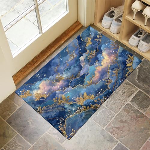 MLSOWM Abstrakte Wolken Waschbarer Teppich Marmorstruktur Eingangsbereich 60x120 cm rutschfest Fußmatte Tepich Kurzflor Dünn Türmatte für Hund, Haustür & Flur, Blau von MLSOWM