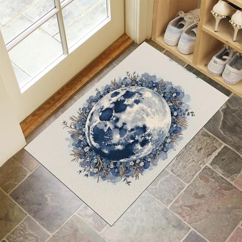 MLSOWM Aquarell Mond Waschbarer Teppich Abstrakte Girlande Eingangsbereich 80x120 cm rutschfest Fußmatte Tepich Kurzflor Dünn Türmatte für Hund, Haustür & Flur, Blau von MLSOWM