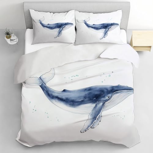MLSOWM Bettwäsche Sets aus Mikrofaser bügelfrei 135 x 200cm Blauwal Bettbezug Set Meereslebewesen Bettwäsche Set Bettdecke Bettbezug Weich und bequem Mit festem Riemen von MLSOWM