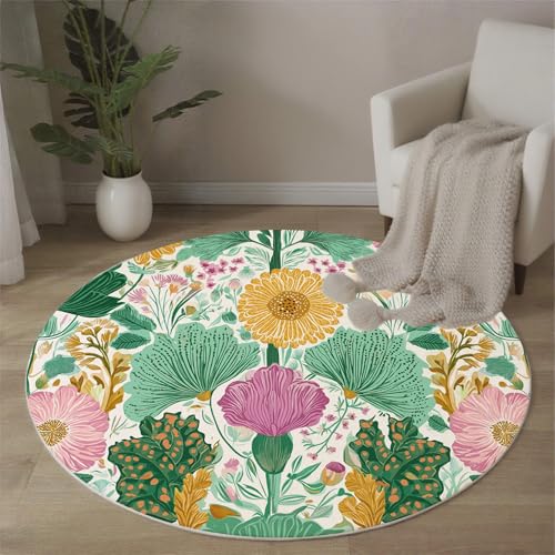MLSOWM Bohème-Stil Runde Teppiche Weinrebe Wildblumen Runder Teppiche Dünner großer Teppich für Schlafzimmer Wohnzimmer Esszimmer Terrasseneingang 60 cm, Smaragdgrün von MLSOWM