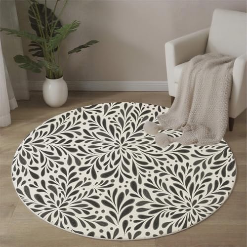 MLSOWM Bohème-Stil Teppich Rund, 200 cm Kurzflor Waschbar Rutschfester Feuerwerk Teppiche Wohnzimmerteppich Flauschig Weich Runder Teppich für Schlafzimmer, Wohnzimmer, Schwarz und Weiß von MLSOWM