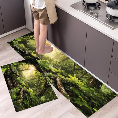 MLSOWM Dichter Wald Küchenteppich-Sets 2-teilig, rutschfeste waschbare Läufer Jungle Punk Style Fußmatten für Küche, Esszimmer, 40x60cm+40x120cm Grün von MLSOWM