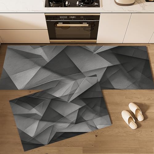 MLSOWM Dreieck Küchenläufer 2 Stück, Küchenteppich Betongeometrie Waschbar rutschfest Teppich Küche mit Gummirücken Küchenmatte für Esszimmer, Küche, Läufer Flur(43x75cm+43x150cm, Dunkelgrau) von MLSOWM